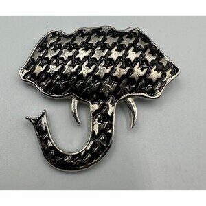 3/$30 Elephant Brooch Silver Tone Black Houndstooth Print Statement Animal Pin